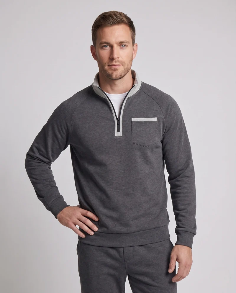 Herren Raglan-Halbzip Sweatshirt mit Stehkragen, Brusttasche mit Klappe und Kontrastbesatz Nord Taschen