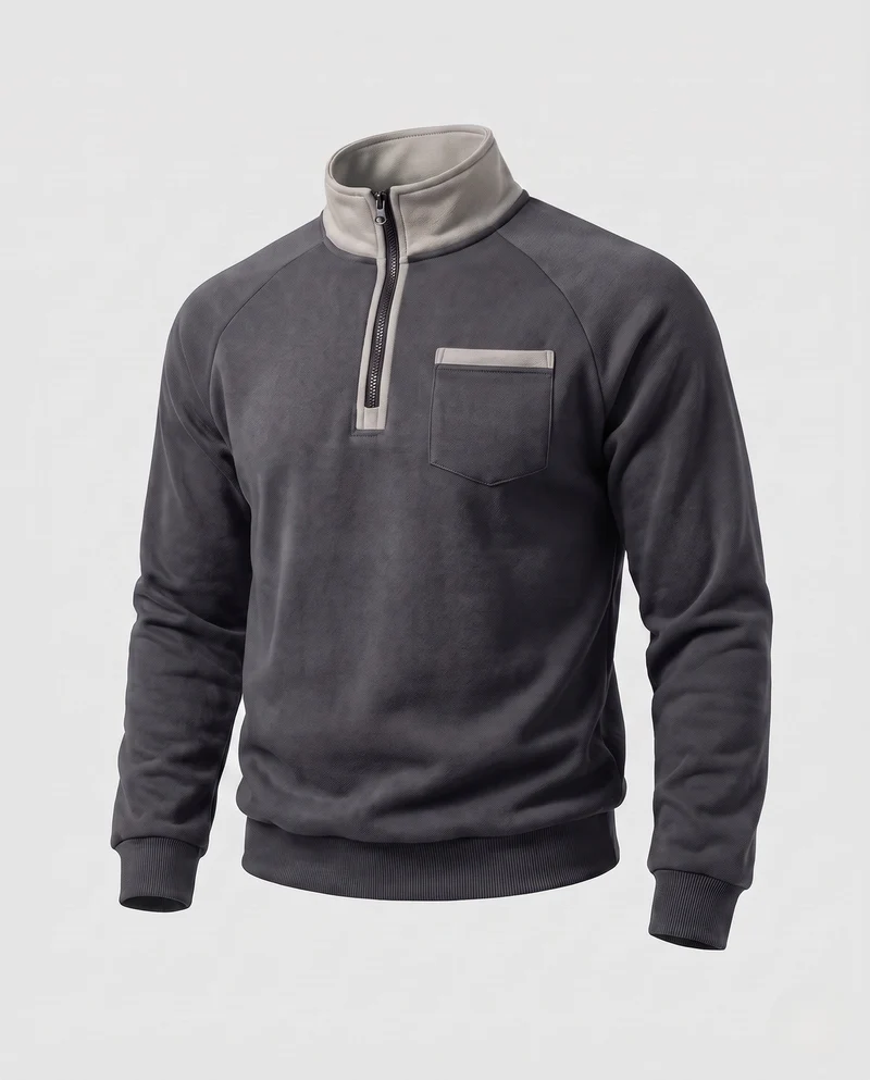Herren Raglan-Halbzip Sweatshirt mit Stehkragen, Brusttasche mit Klappe und Kontrastbesatz Nord Taschen