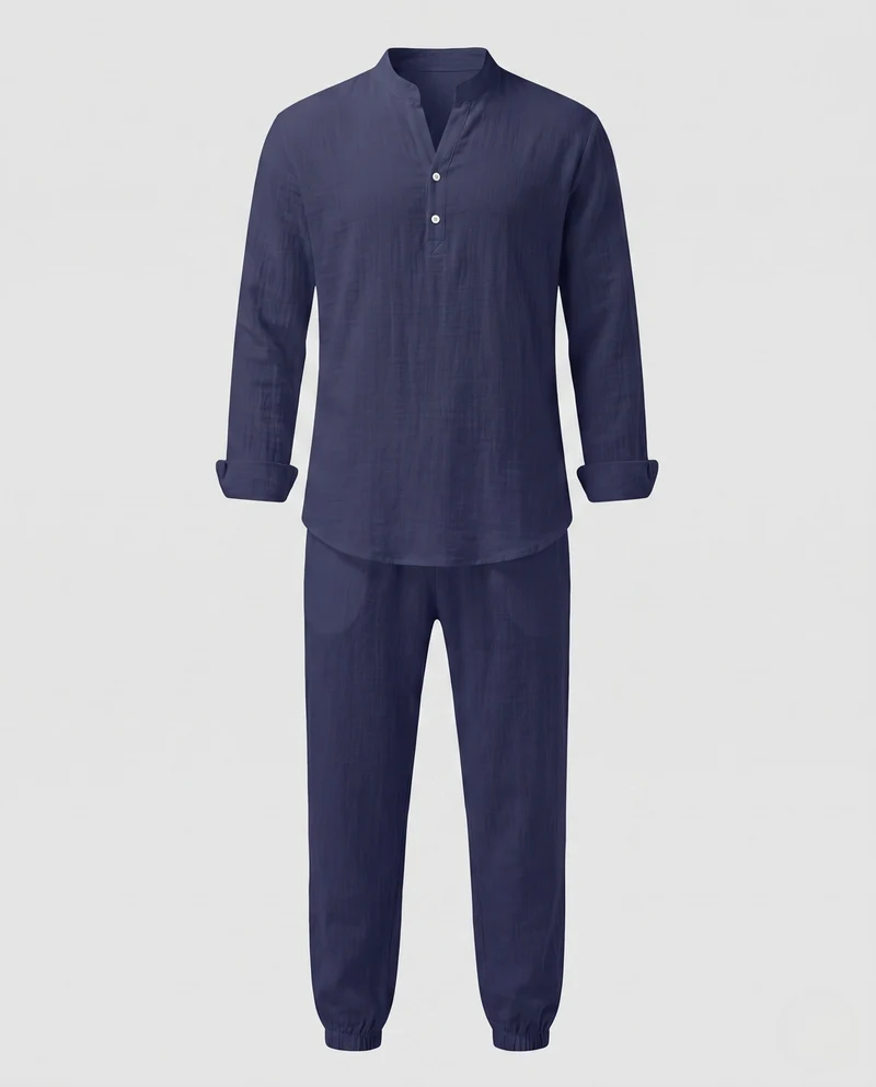 Herren Lagenlook Loungewear-Set mit Stehkragen Henley & elastischen Jogginghosen Nord Taschen