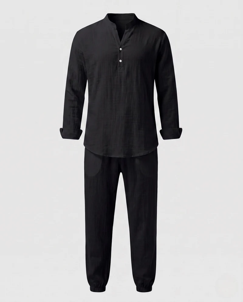 Herren Lagenlook Loungewear-Set mit Stehkragen Henley & elastischen Jogginghosen Nord Taschen
