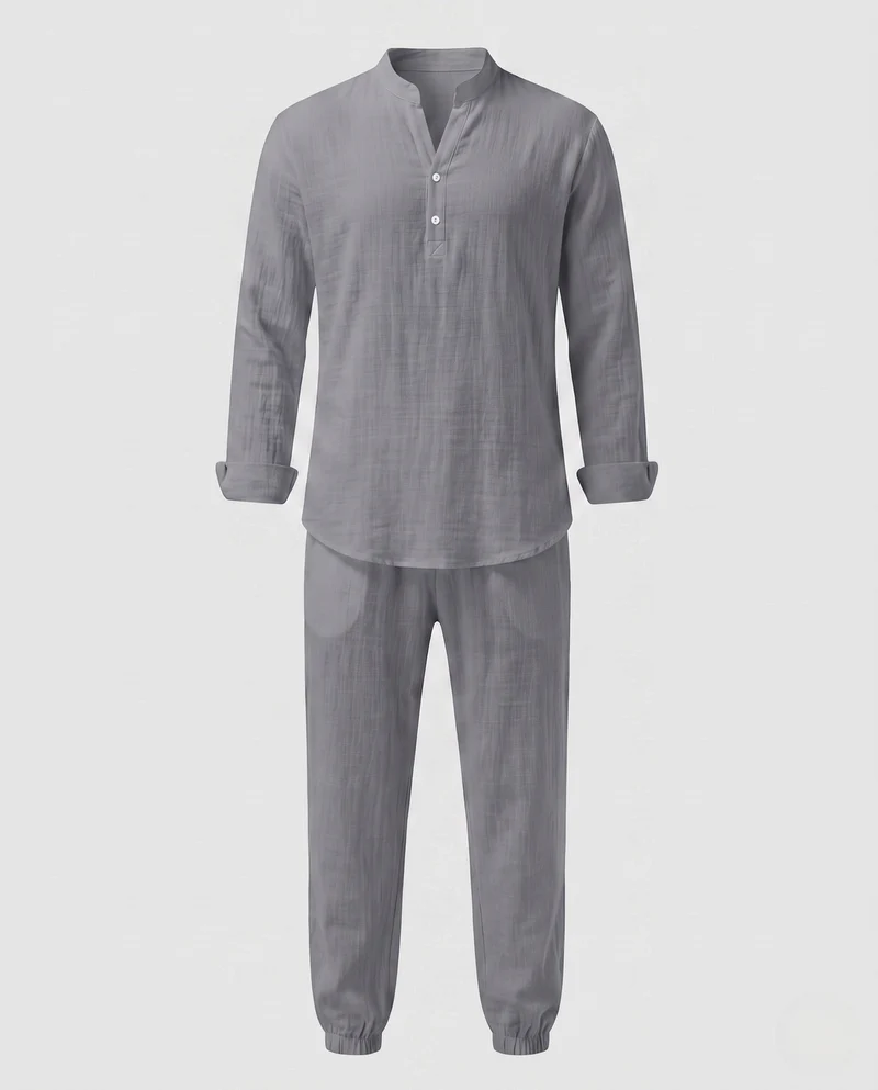 Herren Lagenlook Loungewear-Set mit Stehkragen Henley & elastischen Jogginghosen Nord Taschen