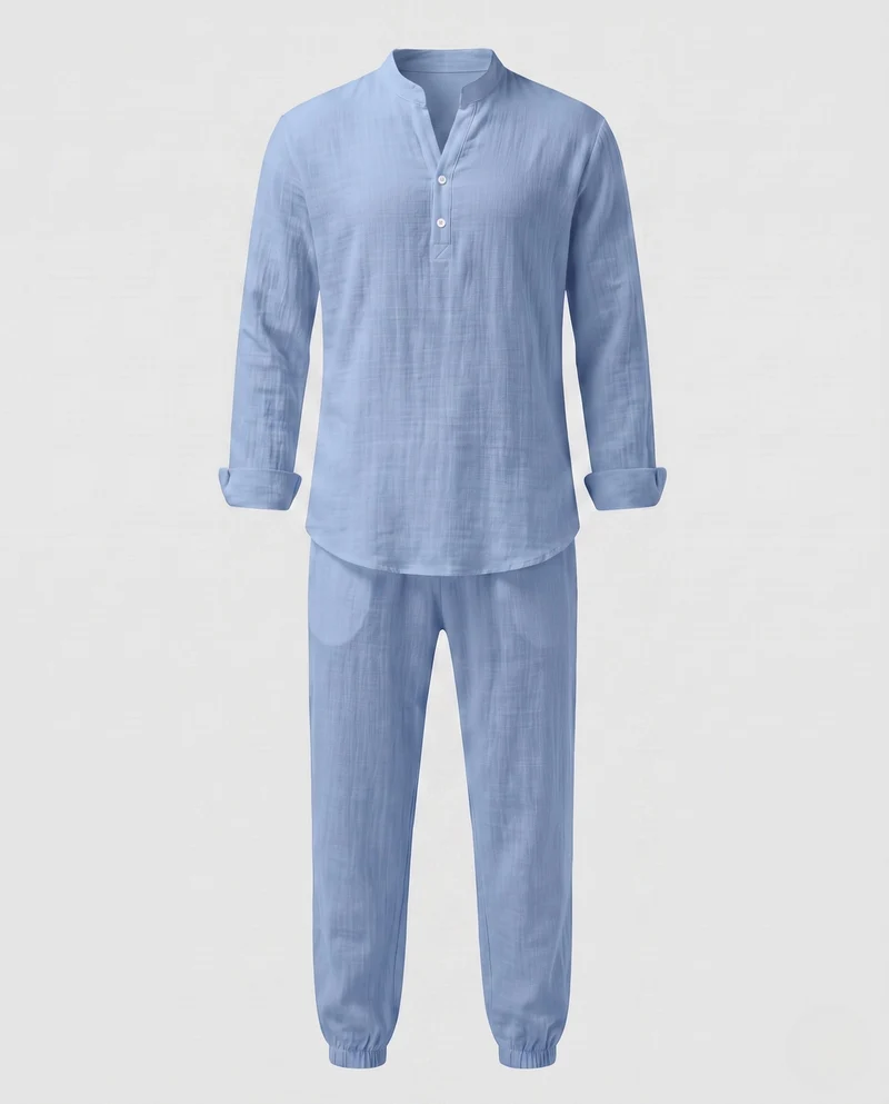 Herren Lagenlook Loungewear-Set mit Stehkragen Henley & elastischen Jogginghosen Nord Taschen