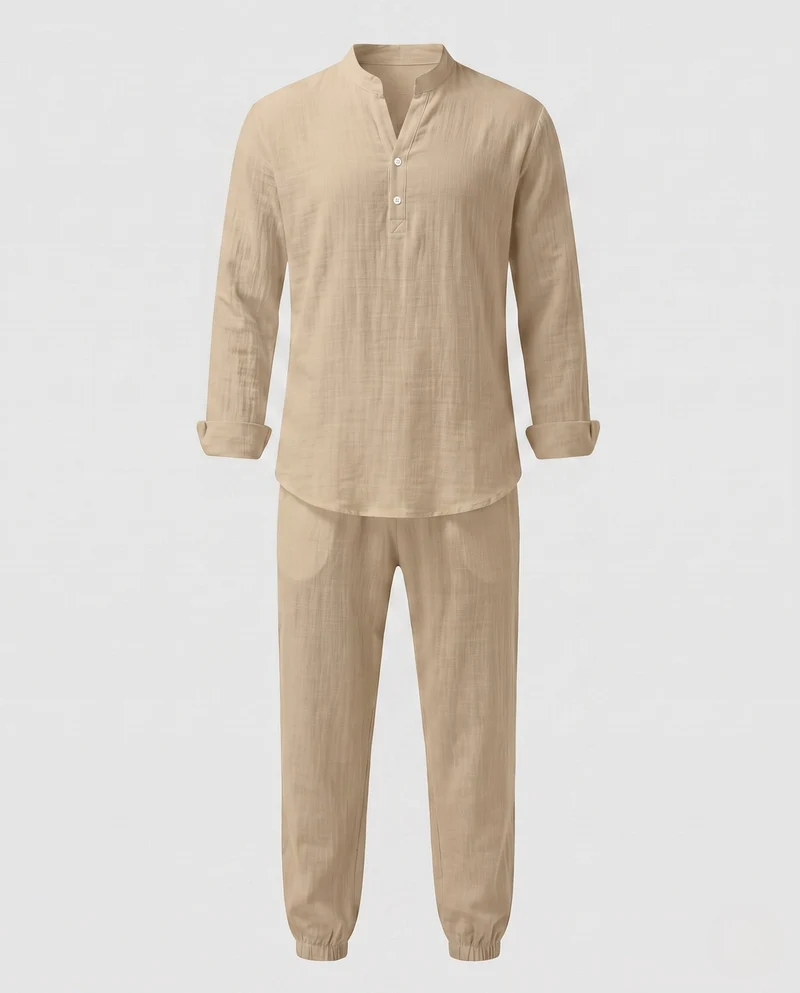 Herren Lagenlook Loungewear-Set mit Stehkragen Henley & elastischen Jogginghosen Nord Taschen