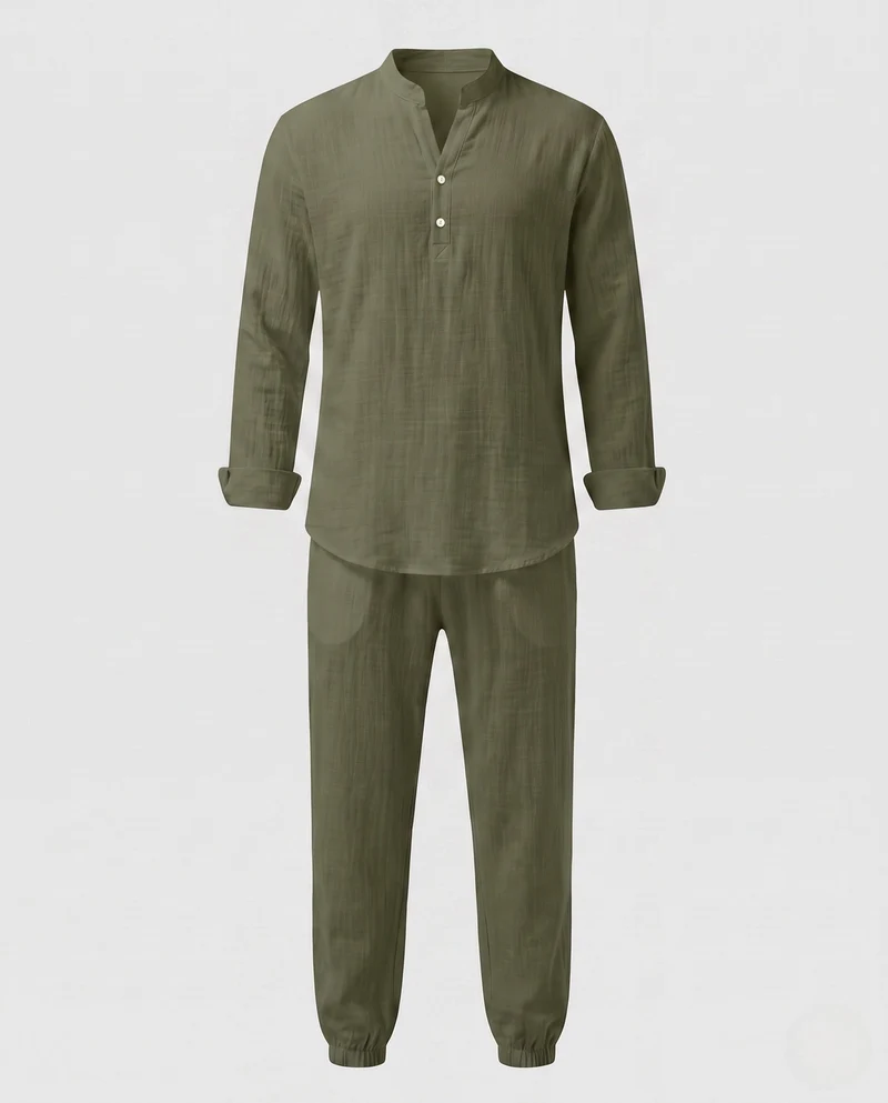 Herren Lagenlook Loungewear-Set mit Stehkragen Henley & elastischen Jogginghosen Nord Taschen