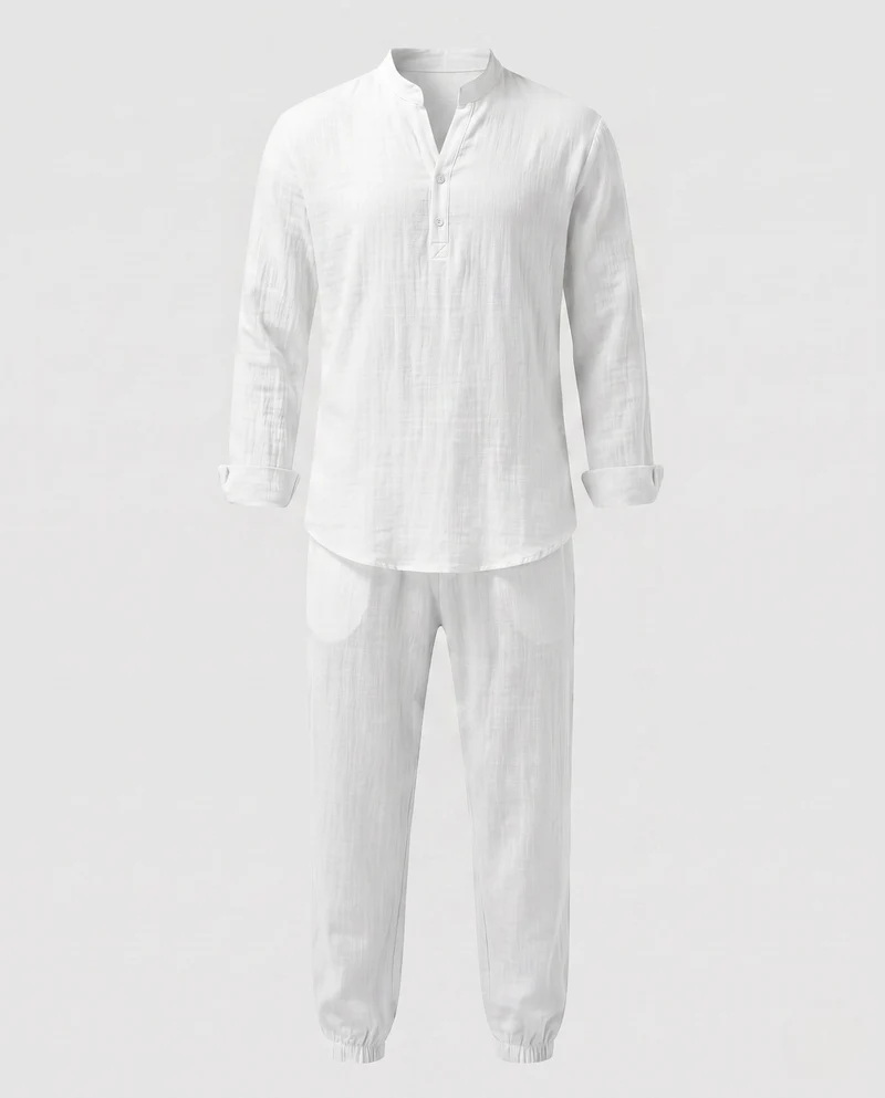 Herren Lagenlook Loungewear-Set mit Stehkragen Henley & elastischen Jogginghosen Nord Taschen