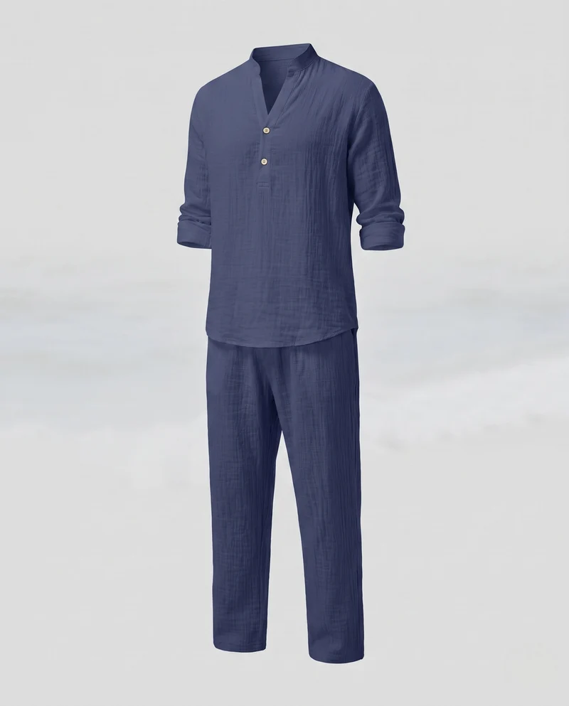 Herren Leinenlook Freizeitset mit Stehkragen Henley und weiten lässigen Hosen Nord Taschen