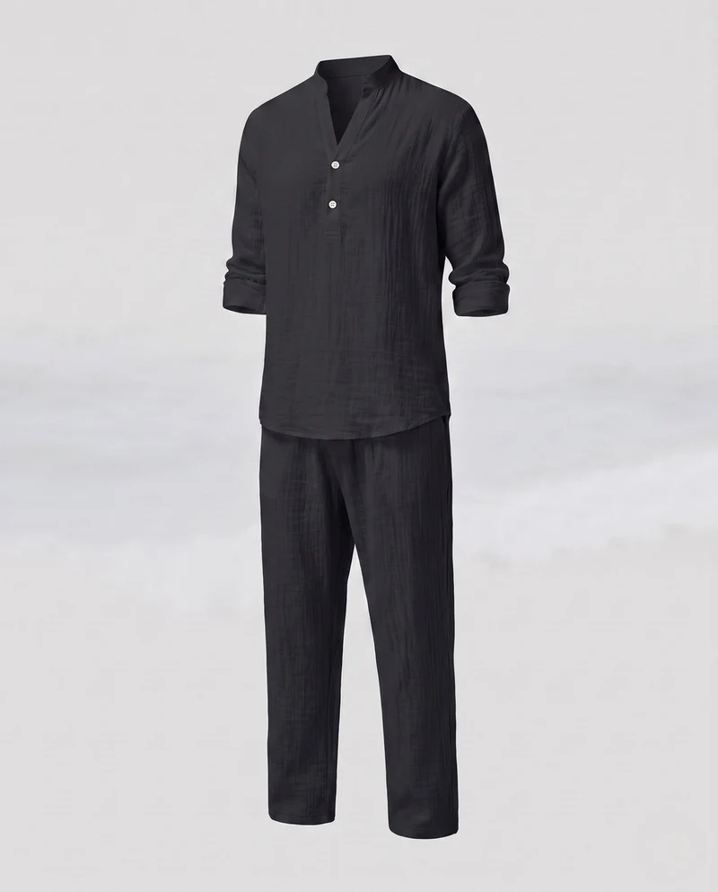 Herren Leinenlook Freizeitset mit Stehkragen Henley und weiten lässigen Hosen Nord Taschen