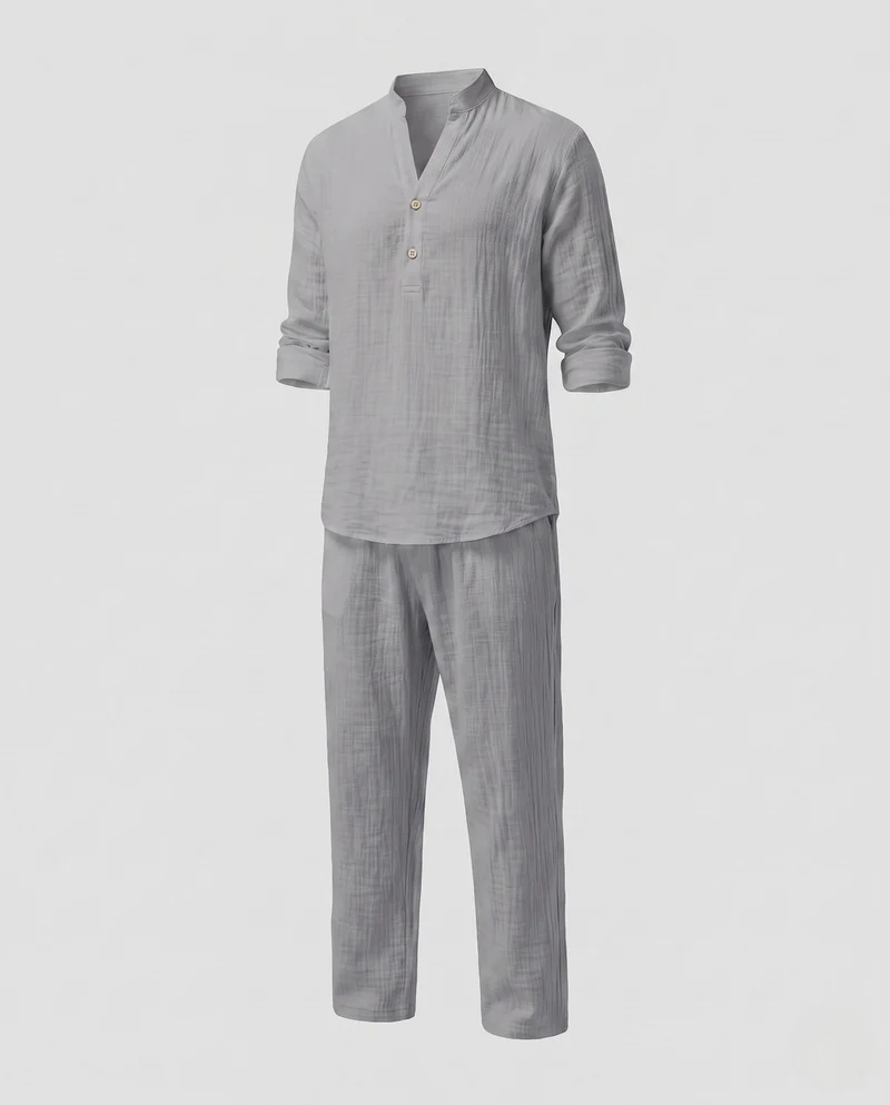 Herren Leinenlook Freizeitset mit Stehkragen Henley und weiten lässigen Hosen Nord Taschen