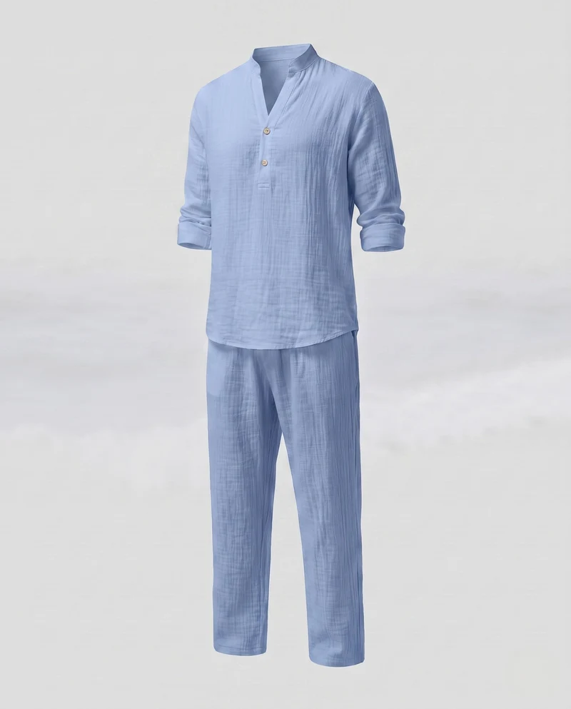 Herren Leinenlook Freizeitset mit Stehkragen Henley und weiten lässigen Hosen Nord Taschen