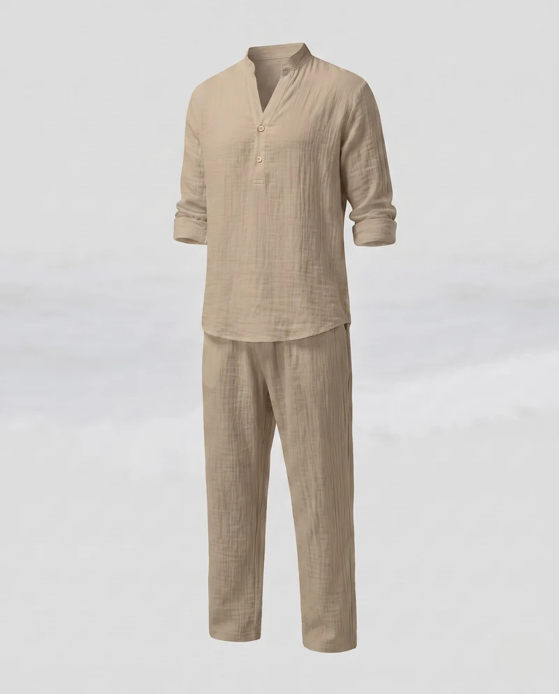 Herren Leinenlook Freizeitset mit Stehkragen Henley und weiten lässigen Hosen Nord Taschen