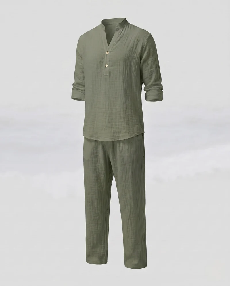 Herren Leinenlook Freizeitset mit Stehkragen Henley und weiten lässigen Hosen Nord Taschen