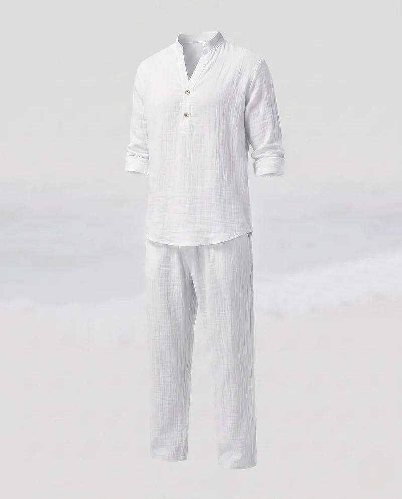 Herren Leinenlook Freizeitset mit Stehkragen Henley und weiten lässigen Hosen Nord Taschen