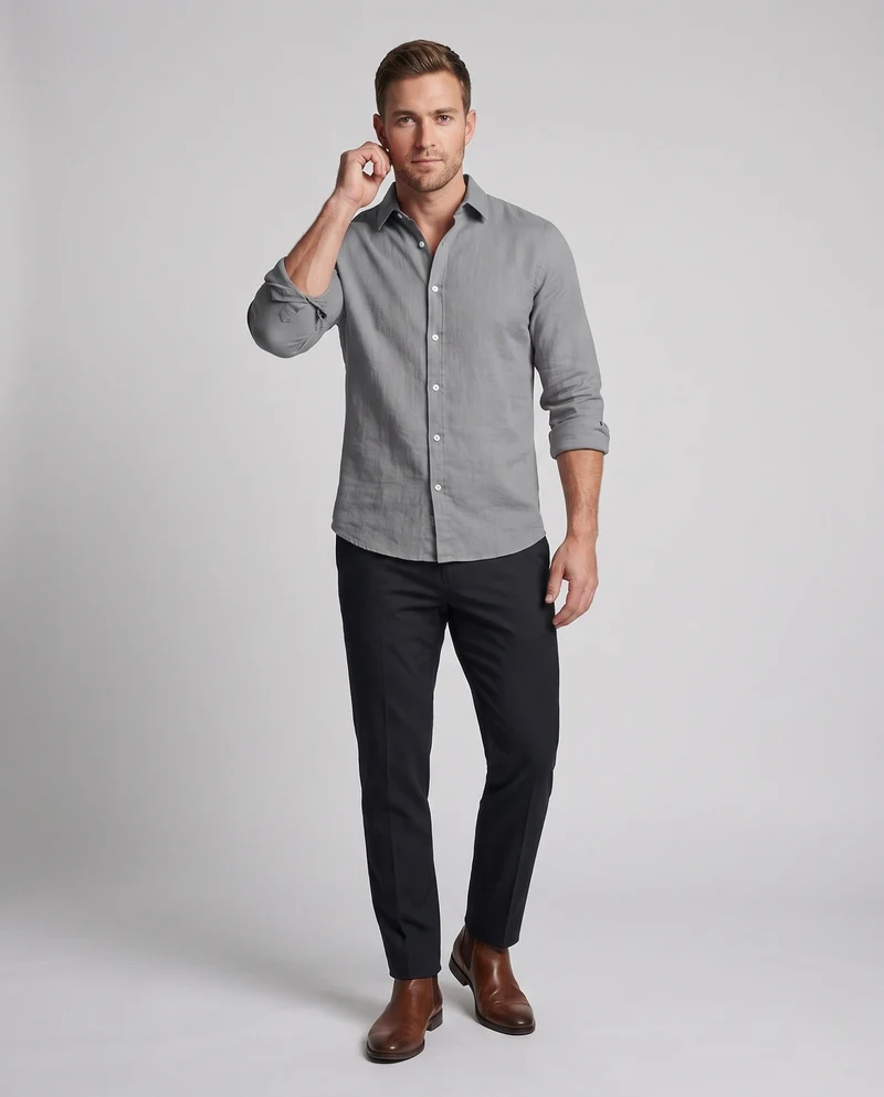 Herren Leichtes Leinenmischung Strand Loungewear Set mit Stehkragen Henley und lockeren gefalteten Hosen Nord Taschen