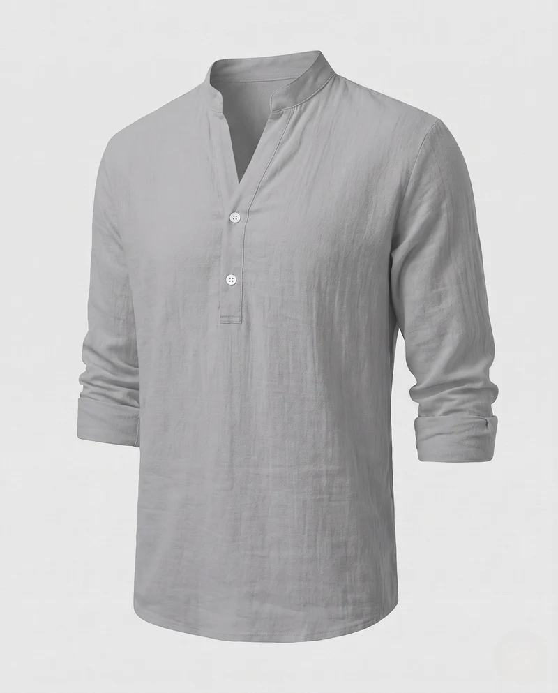 Herren Leichtes Leinenmischung Strand Loungewear Set mit Stehkragen Henley und lockeren gefalteten Hosen Nord Taschen