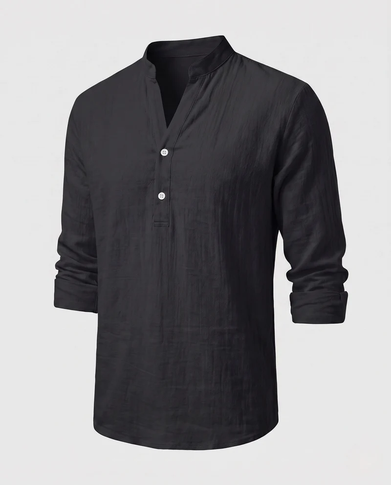 Herren Leichtes Leinenmischung Strand Loungewear Set mit Stehkragen Henley und lockeren gefalteten Hosen Nord Taschen