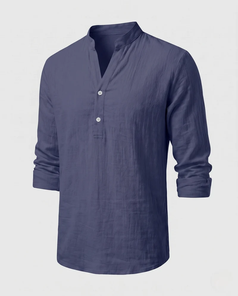 Herren Leichtes Leinenmischung Strand Loungewear Set mit Stehkragen Henley und lockeren gefalteten Hosen Nord Taschen