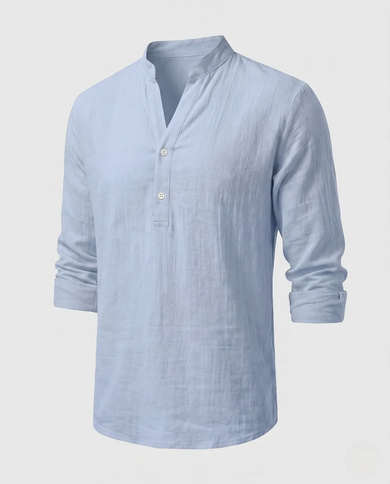 Herren Leichtes Leinenmischung Strand Loungewear Set mit Stehkragen Henley und lockeren gefalteten Hosen Nord Taschen
