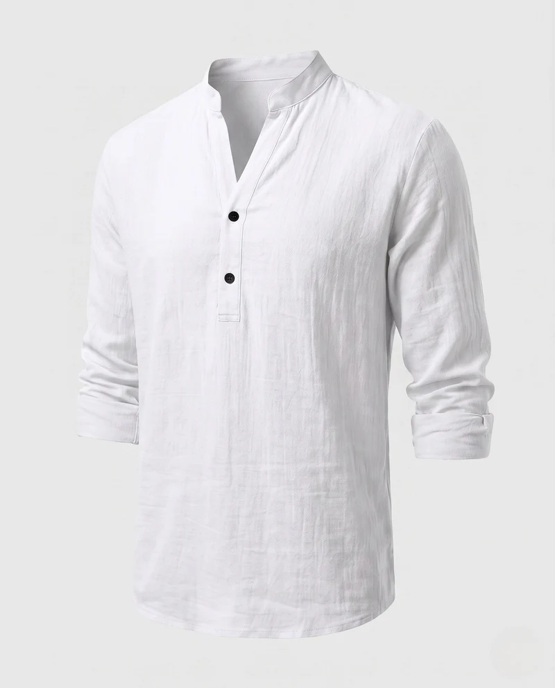 Herren Leichtes Leinenmischung Strand Loungewear Set mit Stehkragen Henley und lockeren gefalteten Hosen Nord Taschen