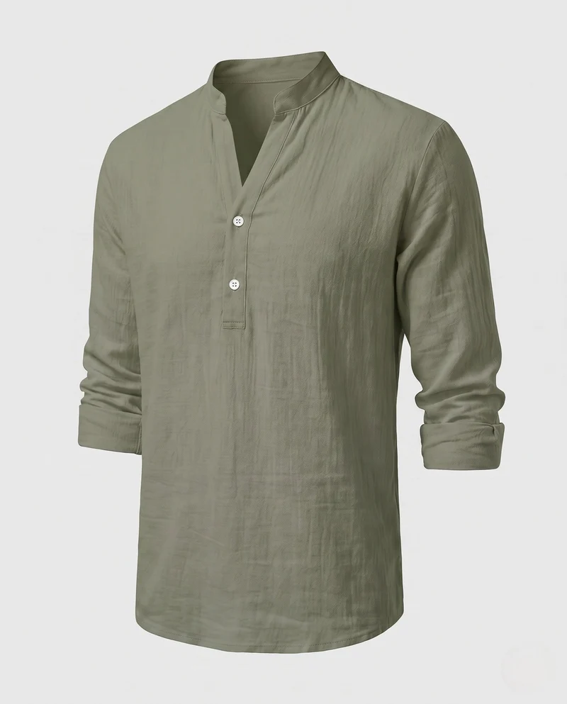 Herren Leichtes Leinenmischung Strand Loungewear Set mit Stehkragen Henley und lockeren gefalteten Hosen Nord Taschen