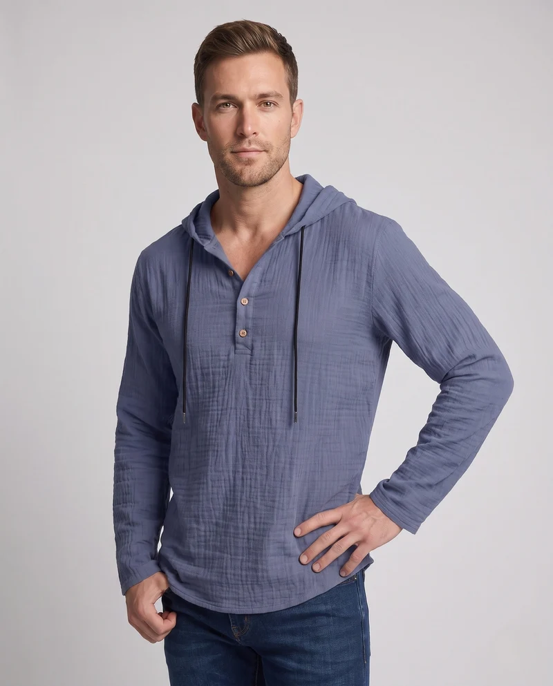 Herren Leichtgewicht Kapuzen-Henley-Shirt aus Baumwoll-Leinen-Mix mit Textur und Holzknöpfen Nord Taschen
