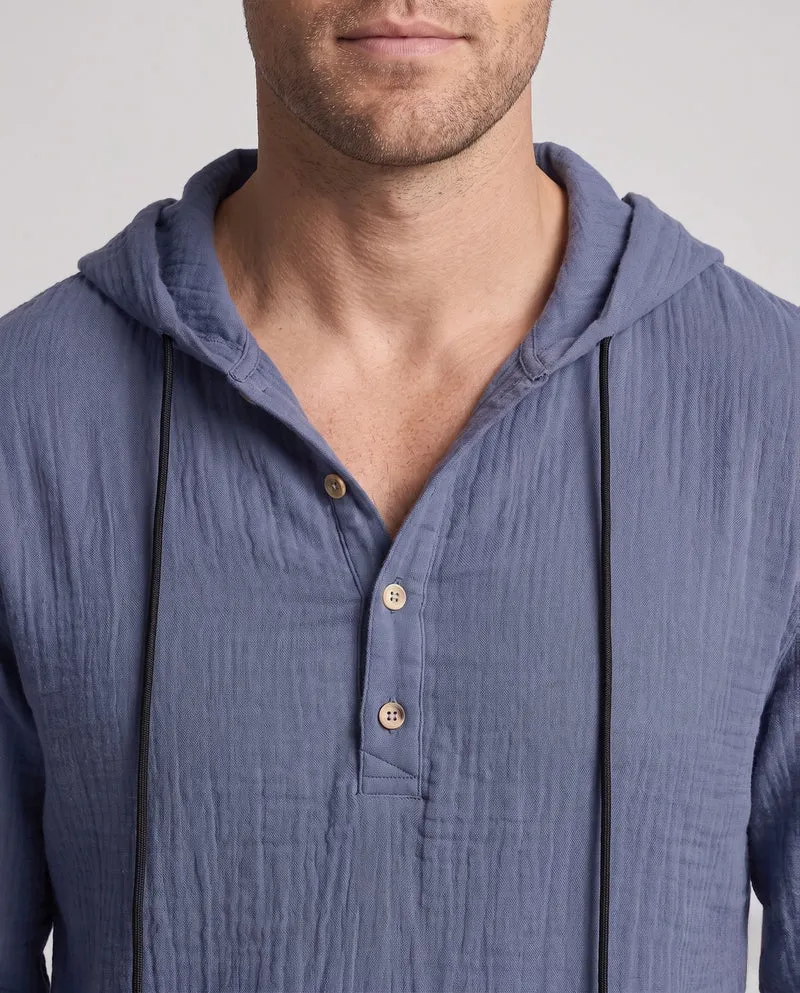 Herren Leichtgewicht Kapuzen-Henley-Shirt aus Baumwoll-Leinen-Mix mit Textur und Holzknöpfen Nord Taschen