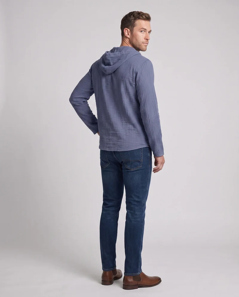 Herren Leichtgewicht Kapuzen-Henley-Shirt aus Baumwoll-Leinen-Mix mit Textur und Holzknöpfen Nord Taschen