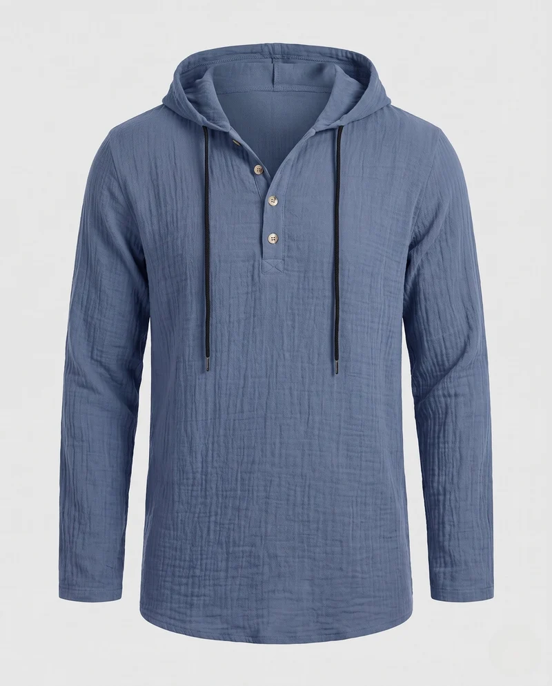Herren Leichtgewicht Kapuzen-Henley-Shirt aus Baumwoll-Leinen-Mix mit Textur und Holzknöpfen Nord Taschen