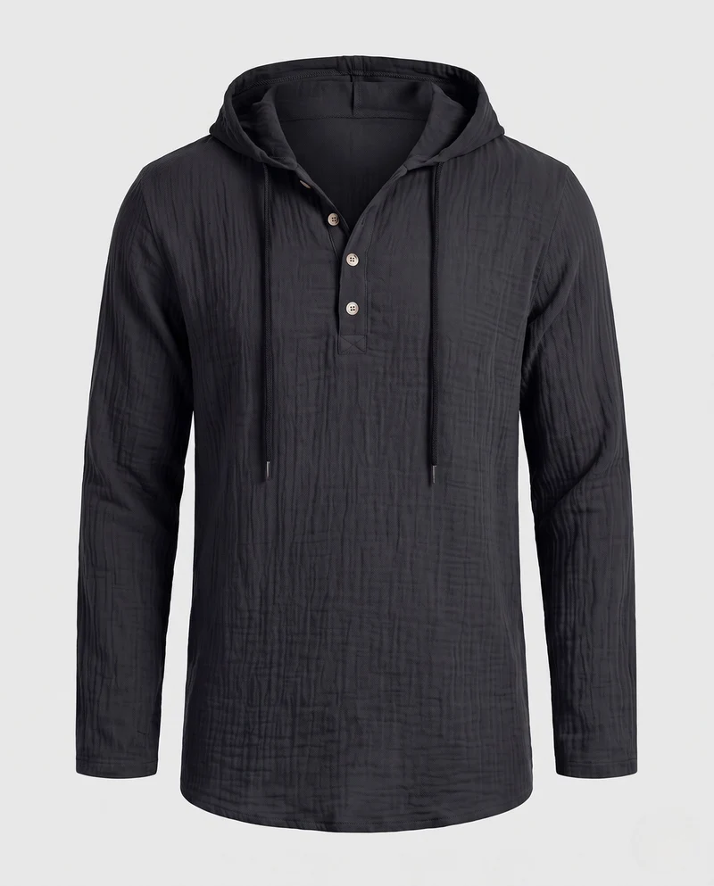 Herren Leichtgewicht Kapuzen-Henley-Shirt aus Baumwoll-Leinen-Mix mit Textur und Holzknöpfen Nord Taschen