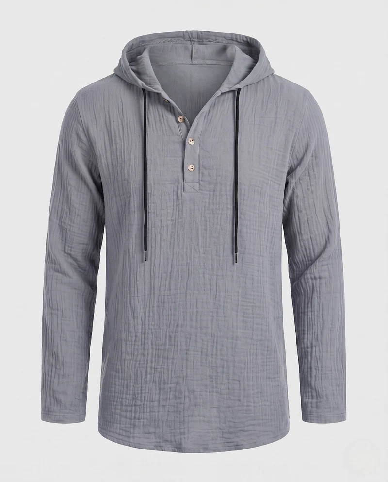 Herren Leichtgewicht Kapuzen-Henley-Shirt aus Baumwoll-Leinen-Mix mit Textur und Holzknöpfen Nord Taschen