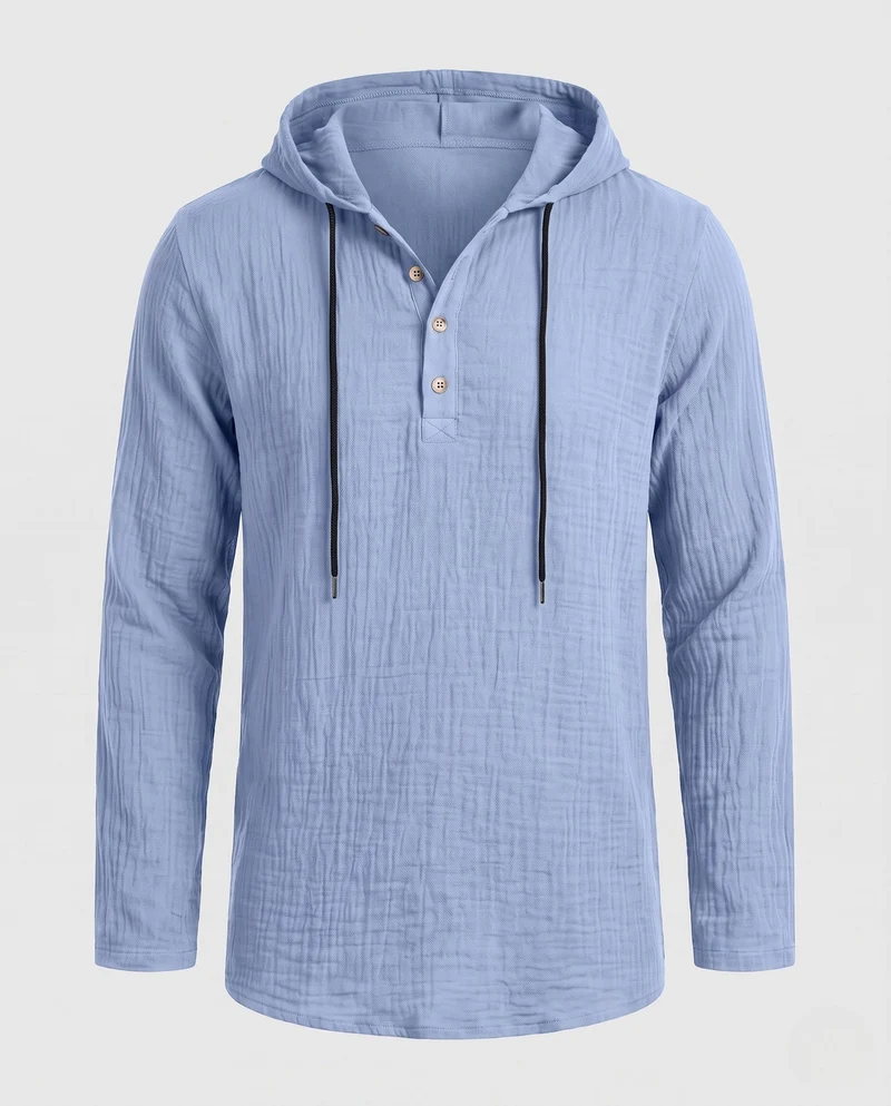 Herren Leichtgewicht Kapuzen-Henley-Shirt aus Baumwoll-Leinen-Mix mit Textur und Holzknöpfen Nord Taschen