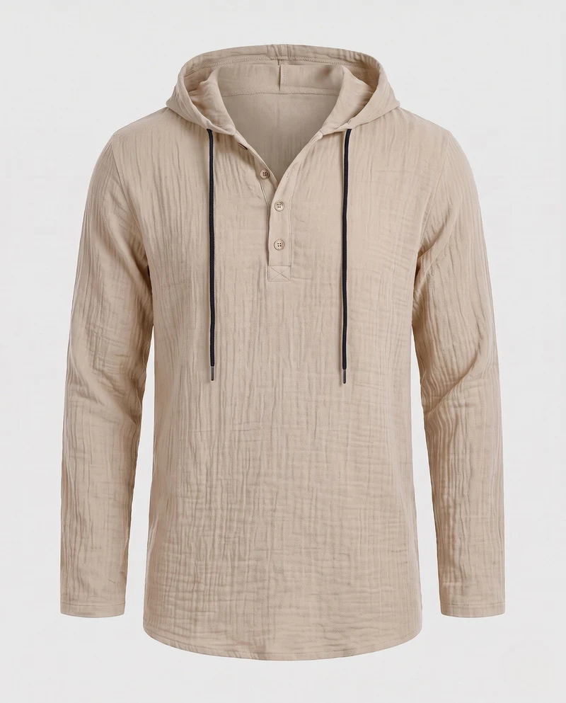 Herren Leichtgewicht Kapuzen-Henley-Shirt aus Baumwoll-Leinen-Mix mit Textur und Holzknöpfen Nord Taschen