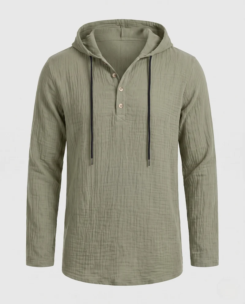 Herren Leichtgewicht Kapuzen-Henley-Shirt aus Baumwoll-Leinen-Mix mit Textur und Holzknöpfen Nord Taschen