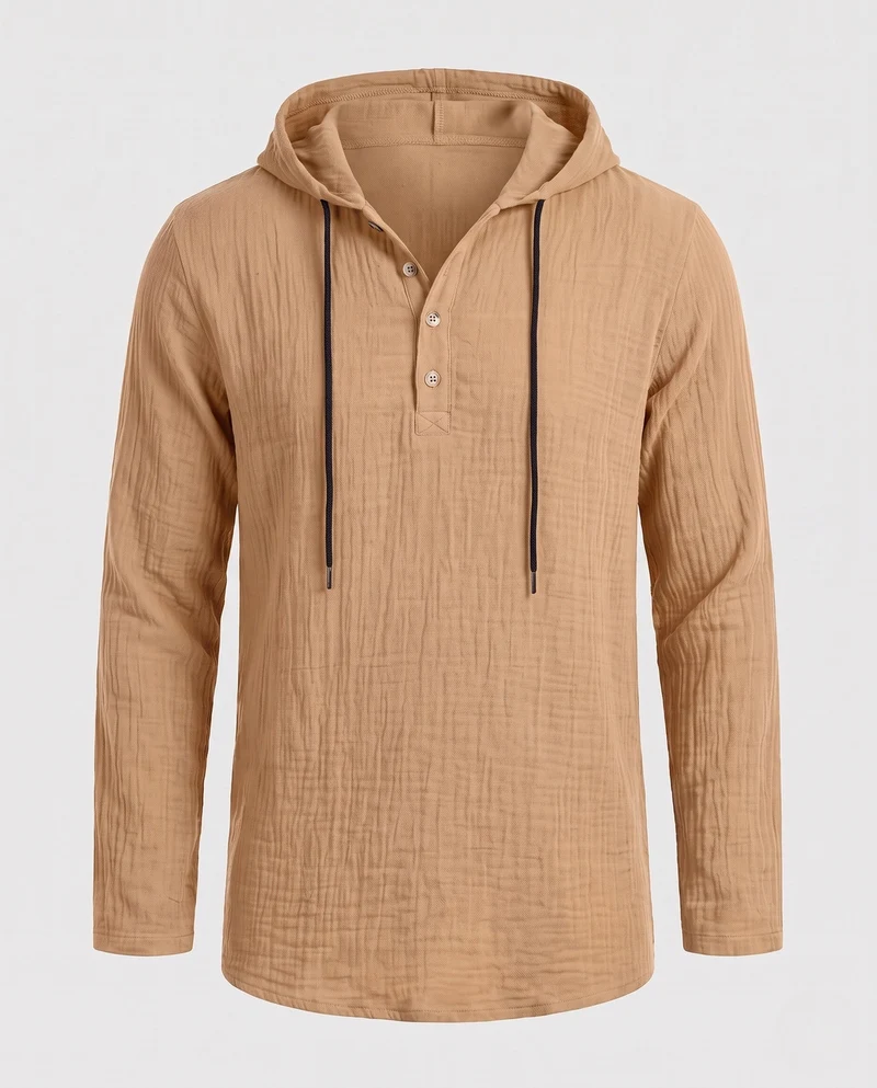 Herren Leichtgewicht Kapuzen-Henley-Shirt aus Baumwoll-Leinen-Mix mit Textur und Holzknöpfen Nord Taschen