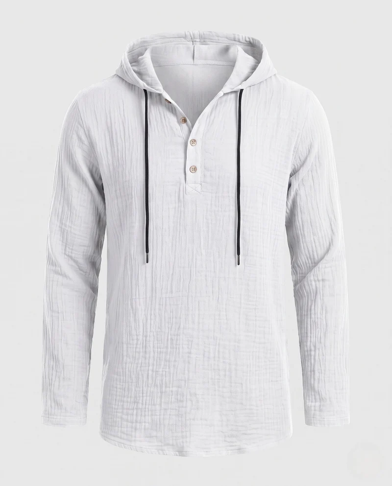Herren Leichtgewicht Kapuzen-Henley-Shirt aus Baumwoll-Leinen-Mix mit Textur und Holzknöpfen Nord Taschen