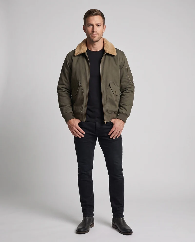 Herren Sherpa-gefütterte Canvas Bomberjacke mit Reverskragen und Klappentaschen Nord Taschen