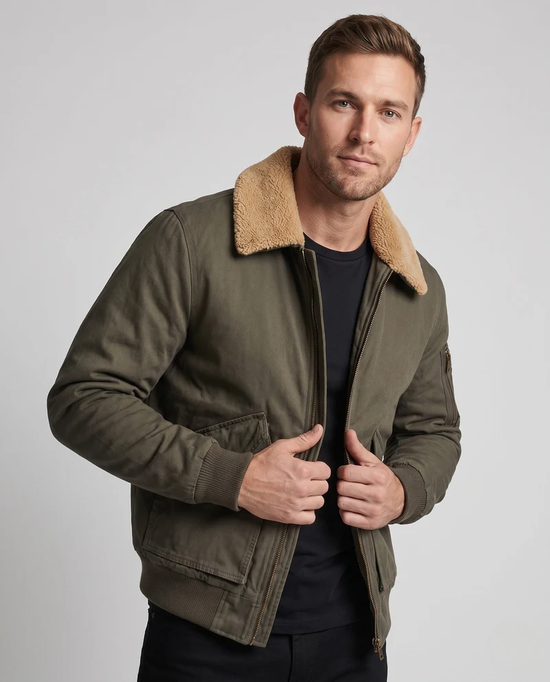 Herren Sherpa-gefütterte Canvas Bomberjacke mit Reverskragen und Klappentaschen Nord Taschen