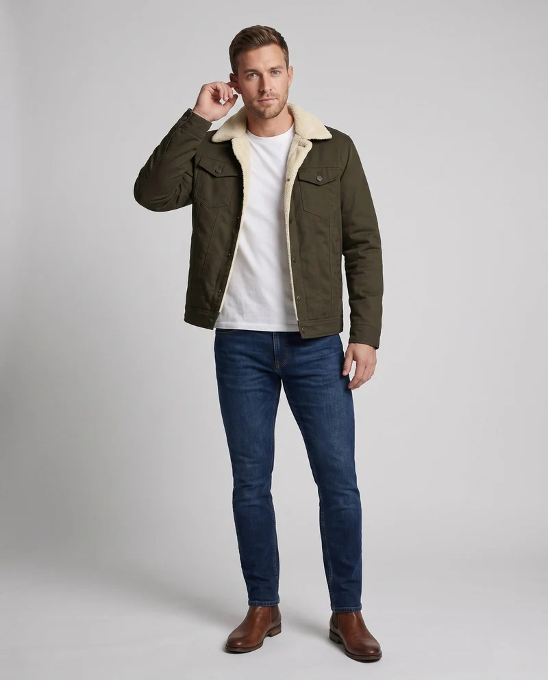 Herren-Sherpa-futterte Canvas-Jacke mit Reverskragen und Brusttaschen Nord Taschen