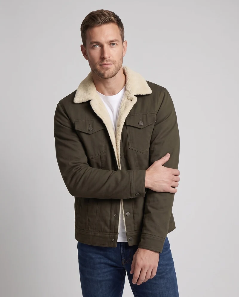 Herren-Sherpa-futterte Canvas-Jacke mit Reverskragen und Brusttaschen Nord Taschen