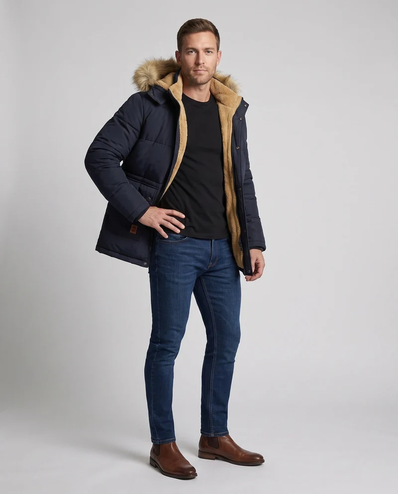 Herren isolierte Winter-Parka mit dickem Teddy-Futter, abnehmbarem Kunstfellkragen und multifunktionalen Taschen Nord Taschen