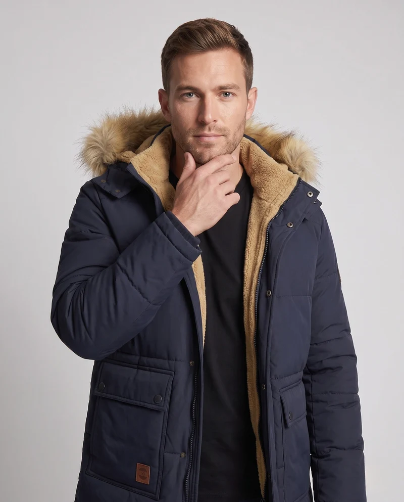 Herren isolierte Winter-Parka mit dickem Teddy-Futter, abnehmbarem Kunstfellkragen und multifunktionalen Taschen Nord Taschen