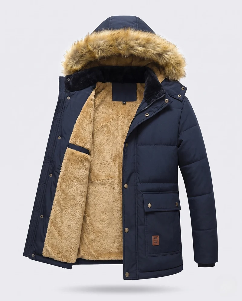 Herren isolierte Winter-Parka mit dickem Teddy-Futter, abnehmbarem Kunstfellkragen und multifunktionalen Taschen Nord Taschen