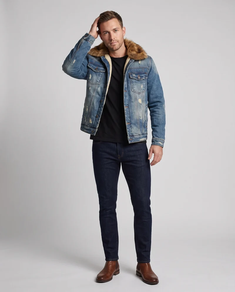 Herren-Denimjacke mit Sherpa-Futter und voluminösem Fellkragen Nord Taschen