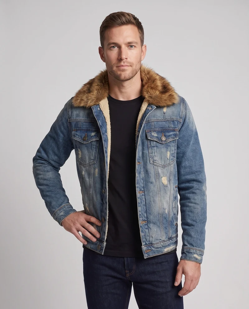 Herren-Denimjacke mit Sherpa-Futter und voluminösem Fellkragen Nord Taschen