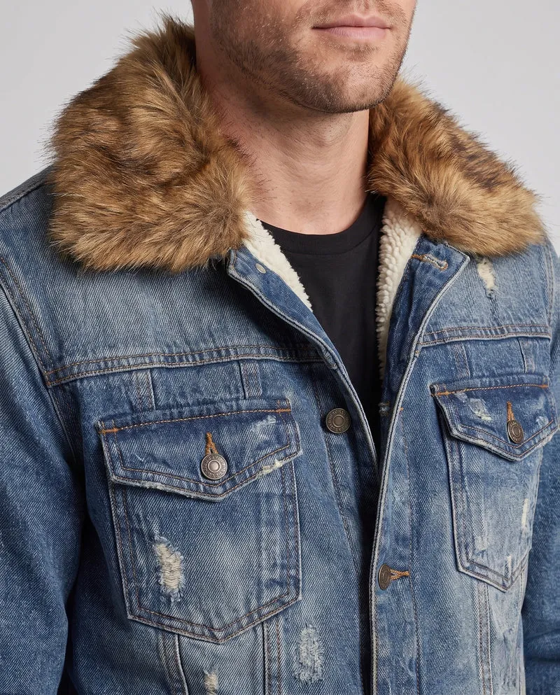 Herren-Denimjacke mit Sherpa-Futter und voluminösem Fellkragen Nord Taschen