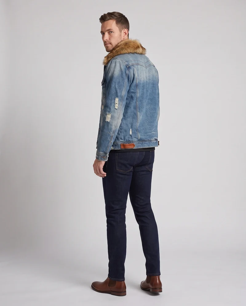 Herren-Denimjacke mit Sherpa-Futter und voluminösem Fellkragen Nord Taschen