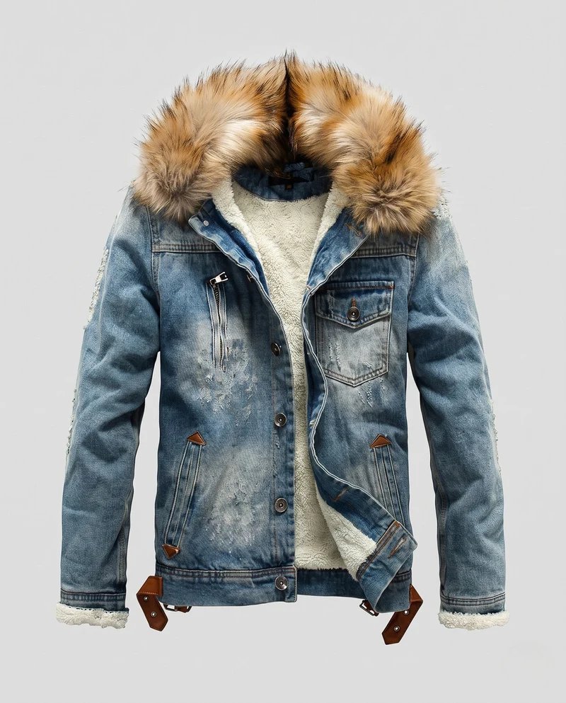 Herren-Denimjacke mit Sherpa-Futter und voluminösem Fellkragen Nord Taschen