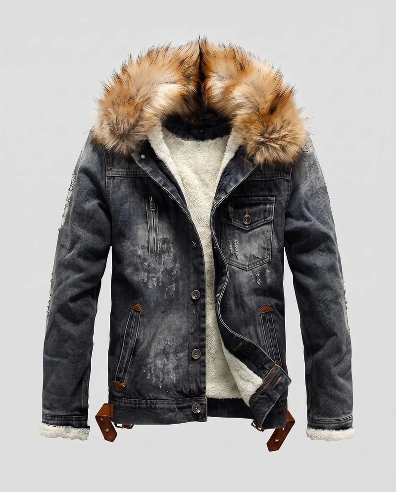 Herren-Denimjacke mit Sherpa-Futter und voluminösem Fellkragen Nord Taschen