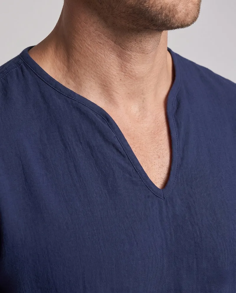 Herren Leichtes Leinenhemd mit V-Ausschnitt, Langarm und Lässigem Saum Nord Taschen