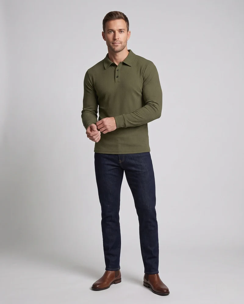 Herren Freizeit Langarm Polohemd aus feinem geripptem Jersey mit verdeckter Knopfleiste Nord Taschen