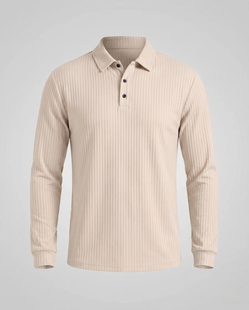 Herren Freizeit Langarm Polohemd aus feinem geripptem Jersey mit verdeckter Knopfleiste Nord Taschen